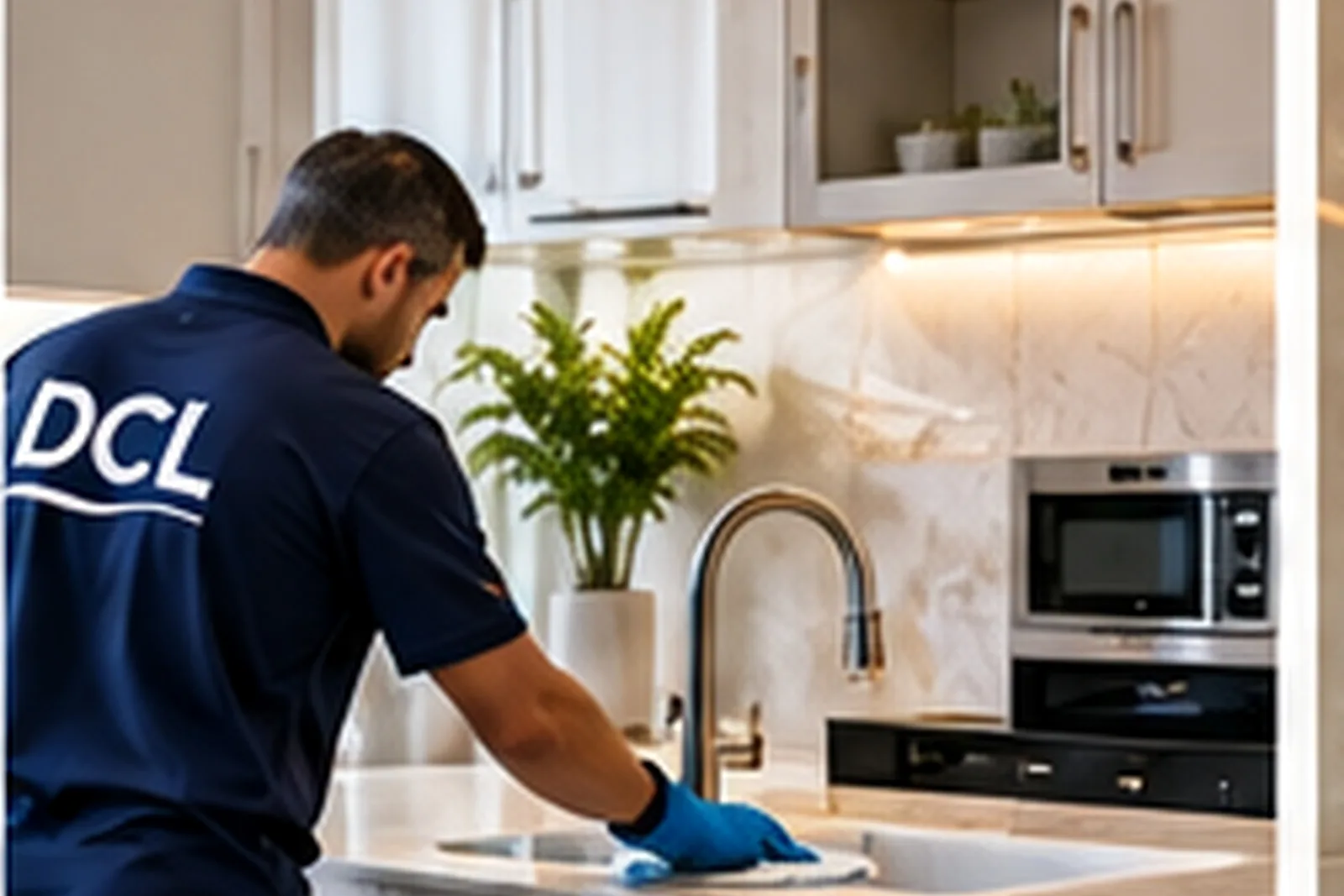 عامل من DCL يمسح سطح مطبخ
