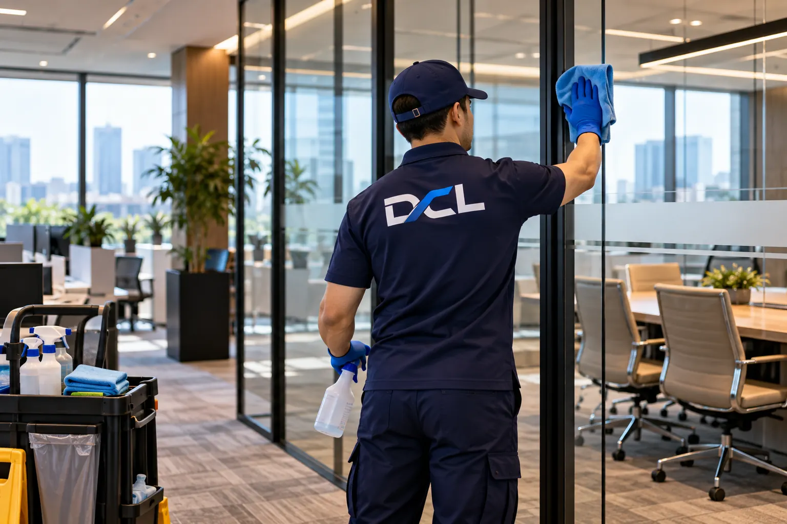 عامل من DCL يمسح حاجزاً زجاجياً في مكتب، وبجانبه عربة تنظيف