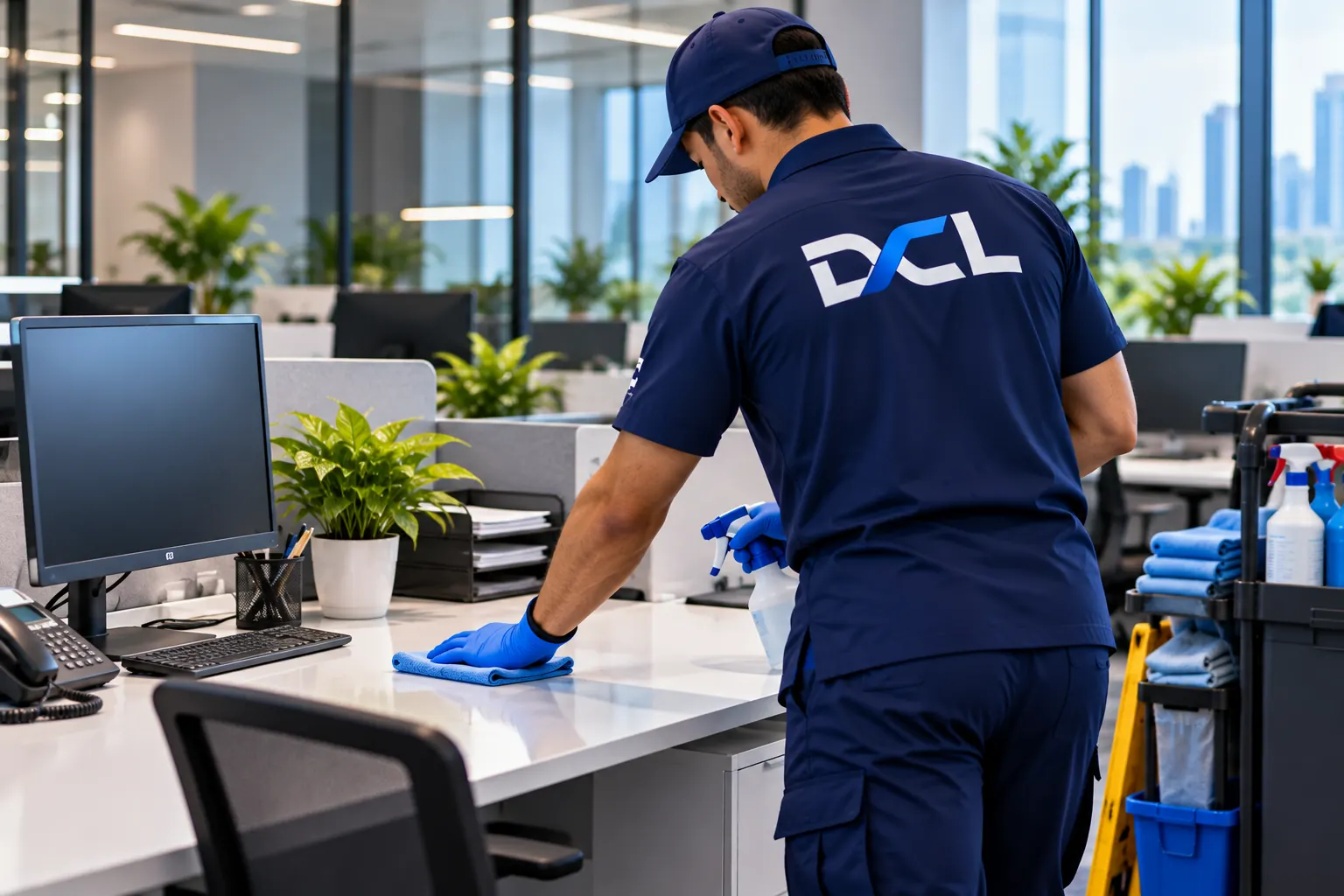عامل من DCL بزيّه الرسمي يمسح مكتباً في مساحة عمل مفتوحة مضيئة