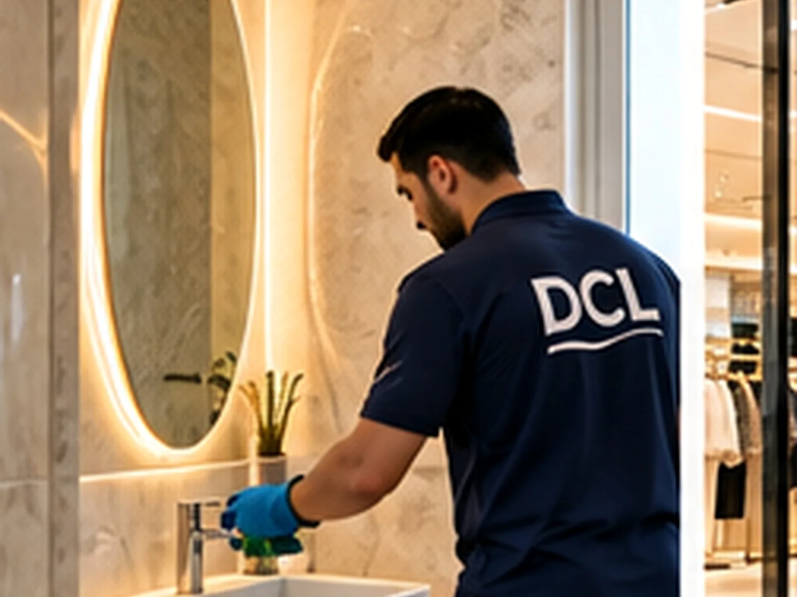 عامل من DCL ينظّف مغسلة حمّام